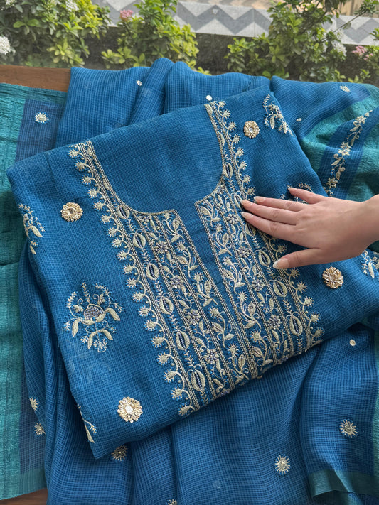 Blue Handloom Kota Chikankari With Mirror Work Unstitched Kurta Dupatta Set