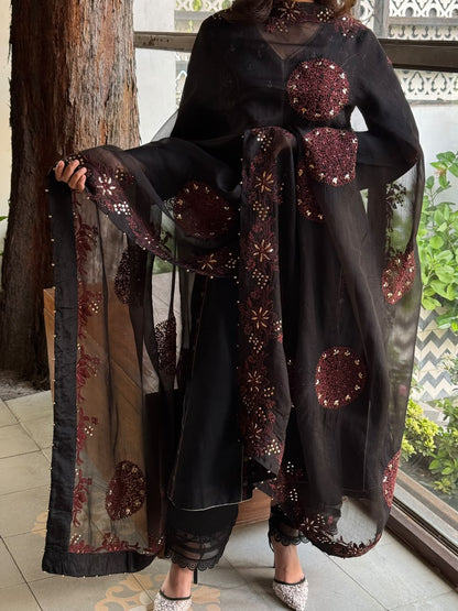 Black & Rust Red Shade Coral Motif Fine Chikankari Organza Mukaish Dupatta