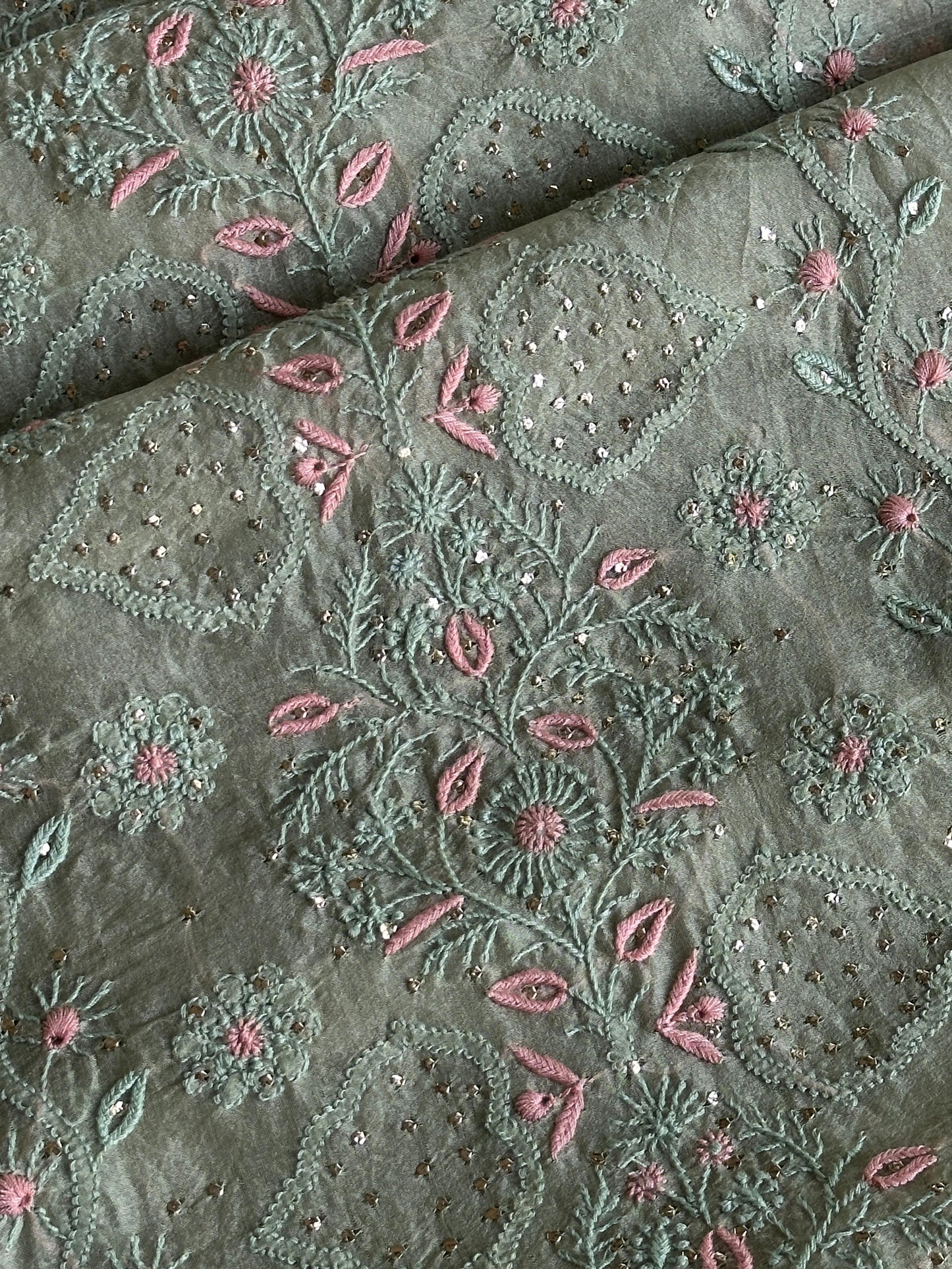 Olive Green Noor Organza Silk Chikankari With Kamdani Fabric