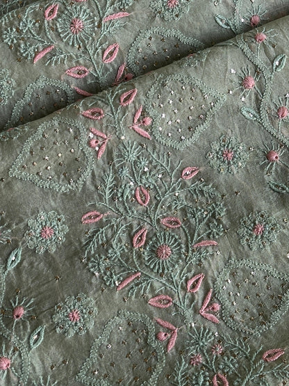 Olive Green Noor Organza Silk Chikankari With Kamdani Fabric