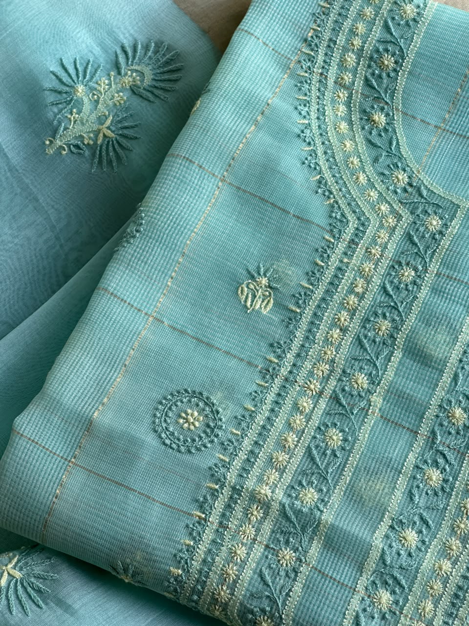 Aqua Green Shade Tissue Zari Kota Chikankari Unstitched Fabric