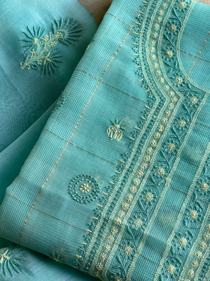 Aqua Green Shade Tissue Zari Kota Chikankari Unstitched Fabric