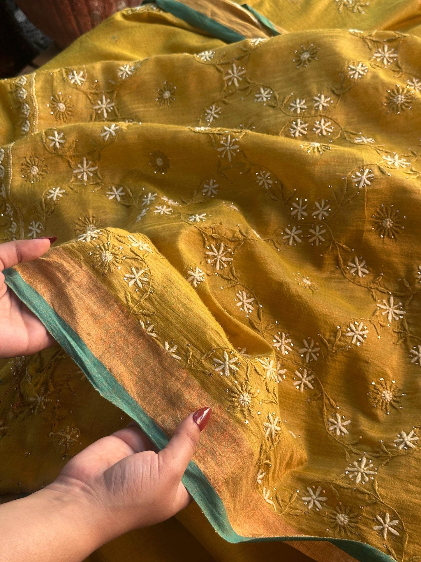 Mustard Yellow Shade Chanderi Chikankari Saree