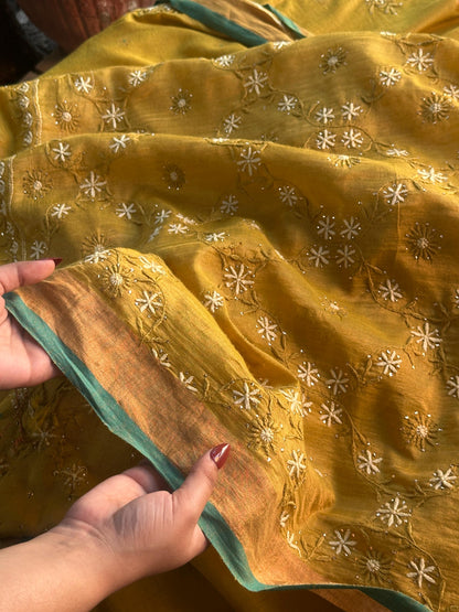 Mustard Yellow Shade Chanderi Chikankari Saree