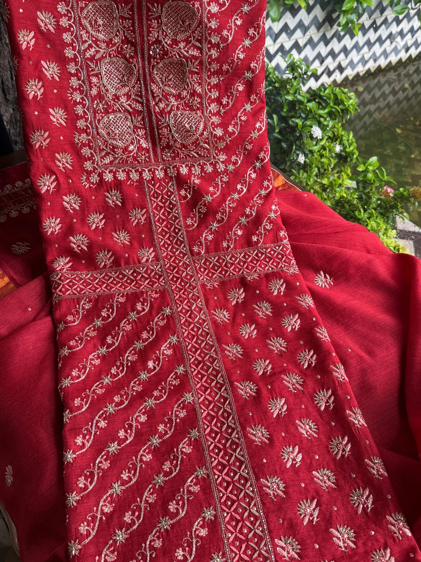 Deep Red Shade Moonga Silk Chikankari Unstitched Fabric
