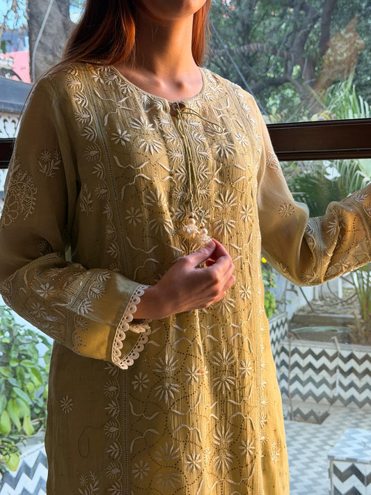 Olive Green Mul Chanderi Mukaish Kamdani Chikankari Stitched Kurta Dupatta Set