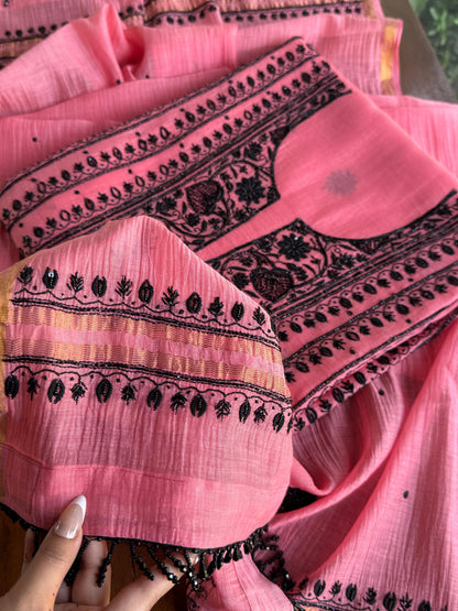 Candy Pink & Black Mal Chanderi Silk Chikankari A Line Unstitched Fabric