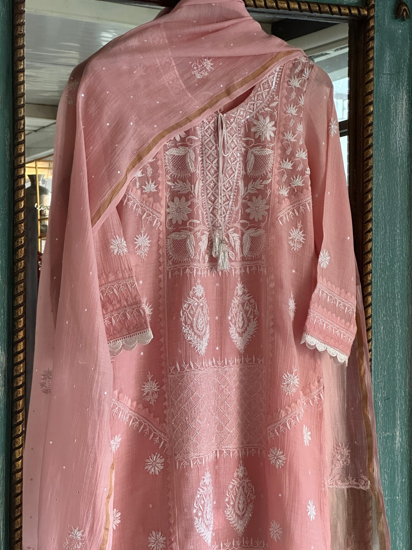 Pastel Peach Shade Malmal Pearl Work Chikankari Kurta With Dupatta
