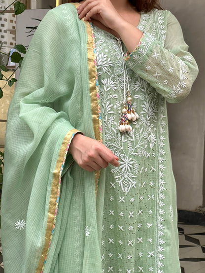 Green Shade Kota Applique Chikankari Kurta Dupatta Set
