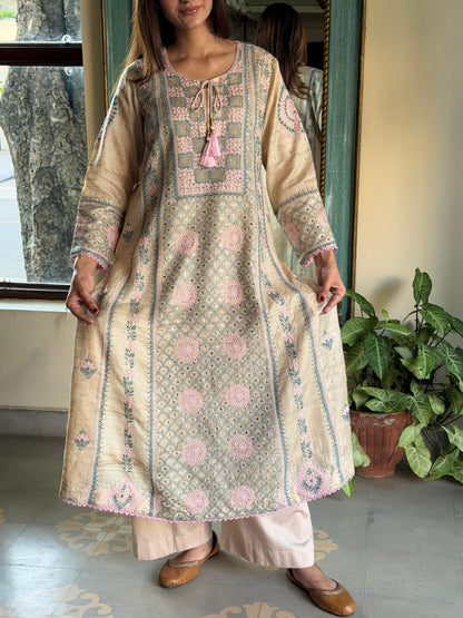 Basak Pink & Blue Natural Tussar Silk Kalidar Chikankari Kurta Set