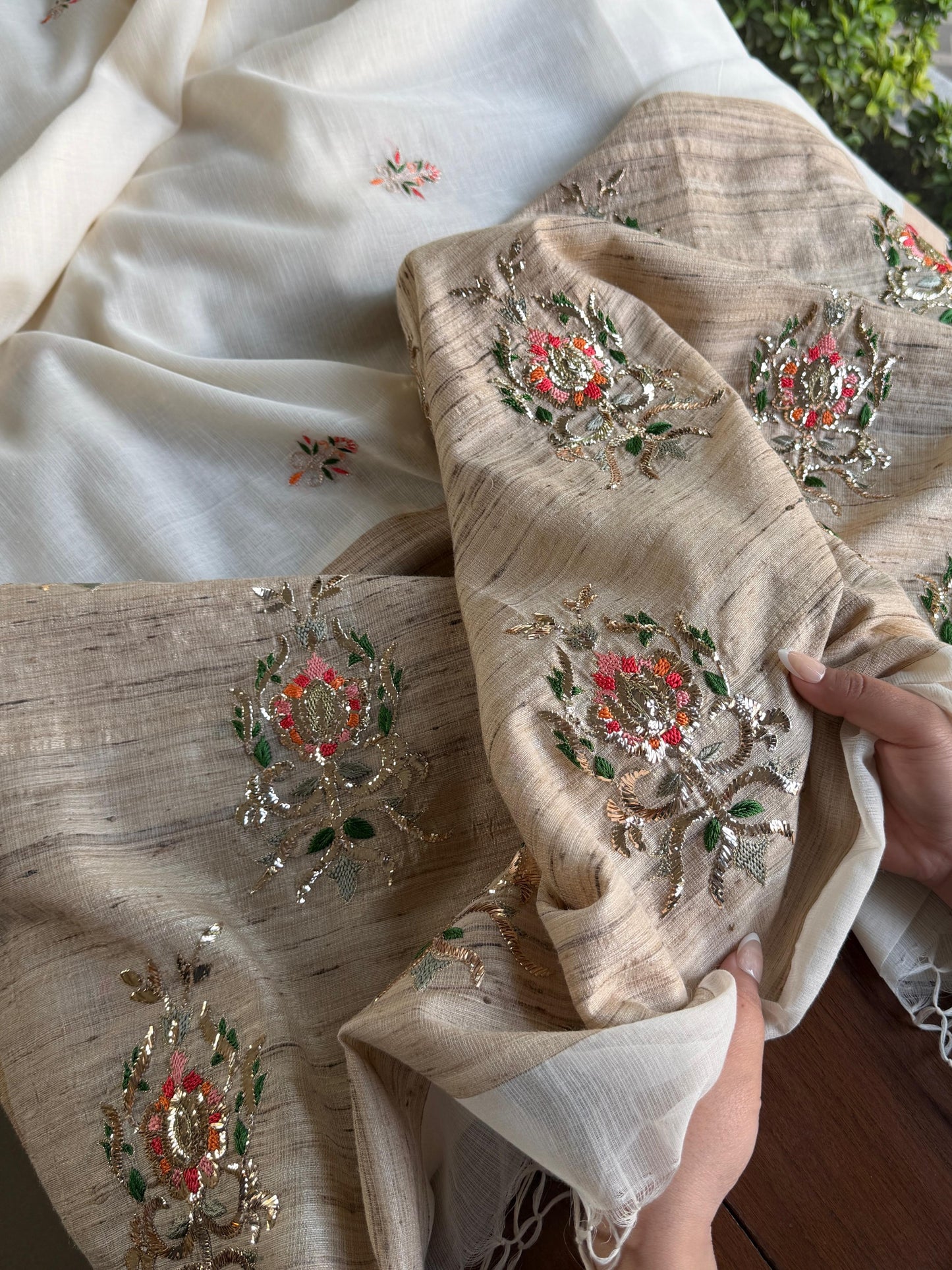 Off White Tussar Silk Gheecha Palla Kota Mukaish Resham Saree