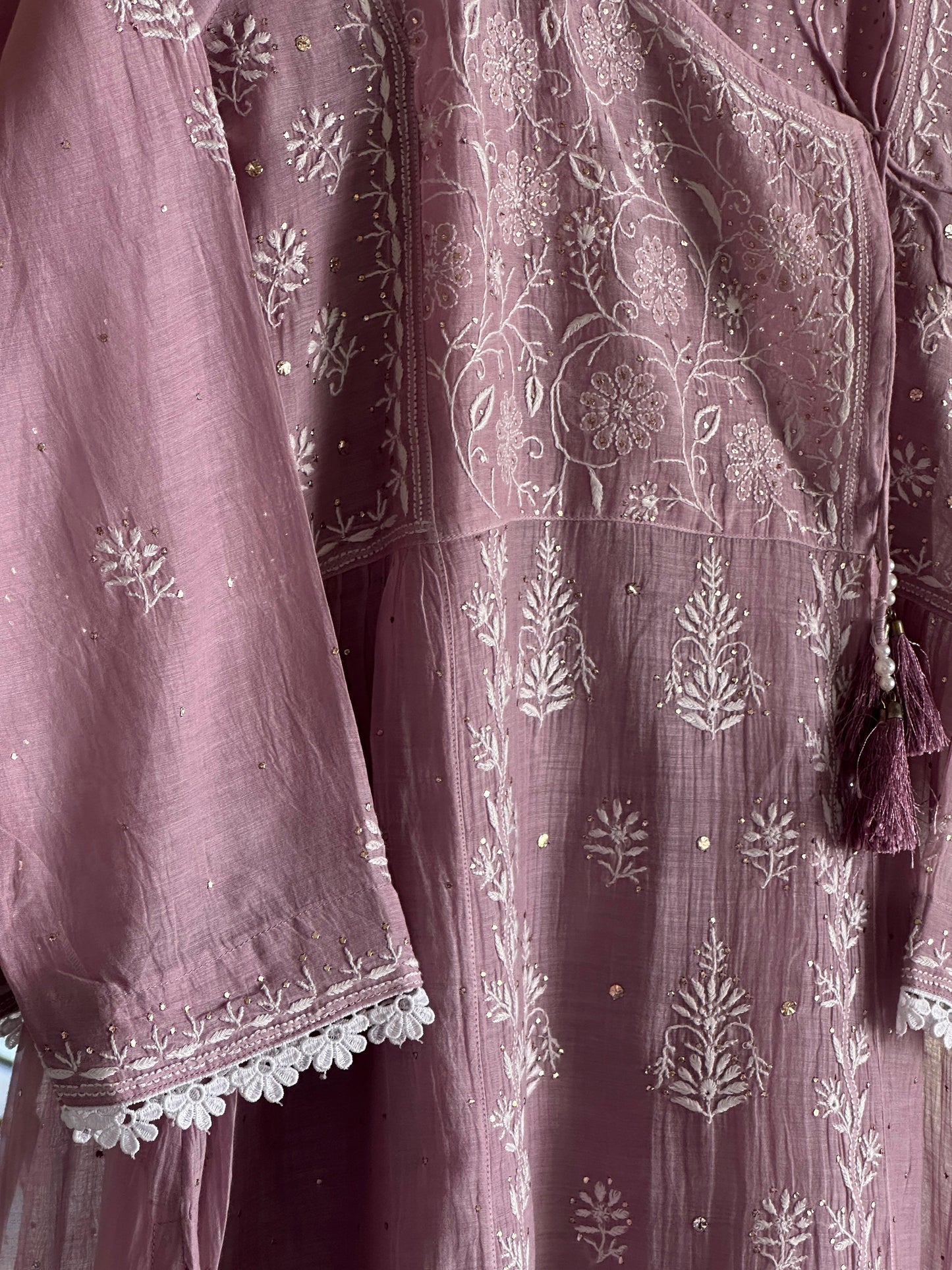 Lavender Shade Malmal Mukaish Kamdani Chikankari Kalidar Angarkha