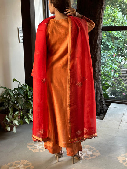 Rust Orange Sico (Silk Cotton) Chikankari Tux Kurta Set