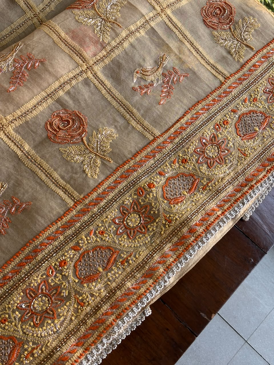 Dark Beige Organza Banarasi Silk Chikankari Unstitched Kurta Dupatta Set