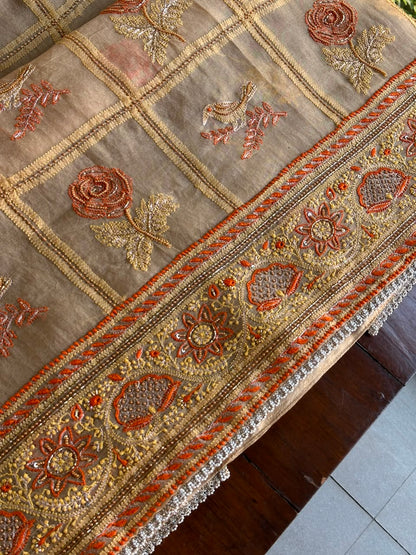 Dark Beige Organza Banarasi Silk Chikankari Unstitched Kurta Dupatta Set