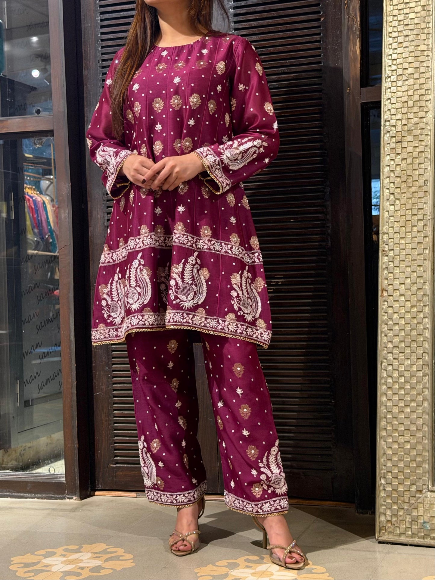 Plum Purple Zari Chanderi Chikankari Co-Ord Set