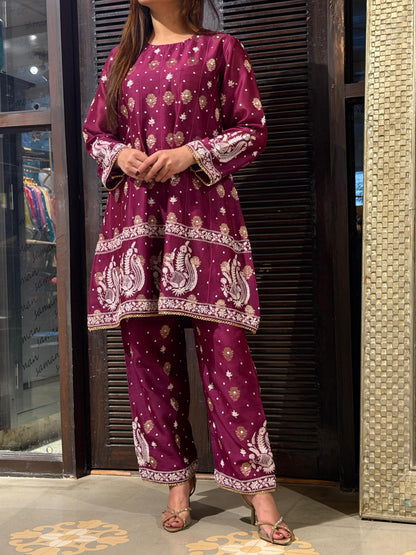Plum Purple Zari Chanderi Chikankari Co-Ord Set