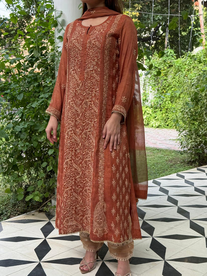 Rust Orange Tissue Silk Chikankari Straight Cut Kurta Dupatta Set