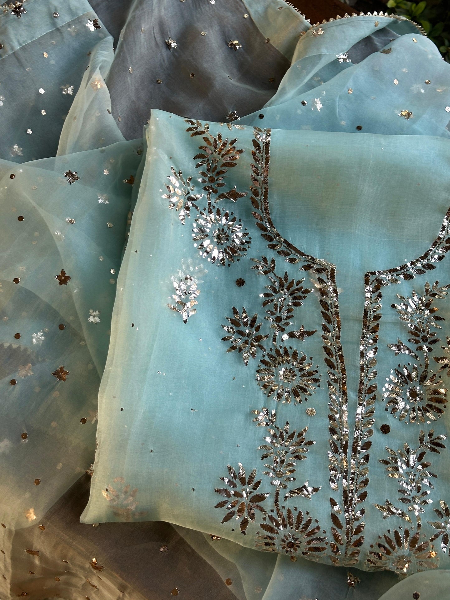 Sea Green Shade Noor Organza Silk Badla Unstitched Kurta Dupatta Set