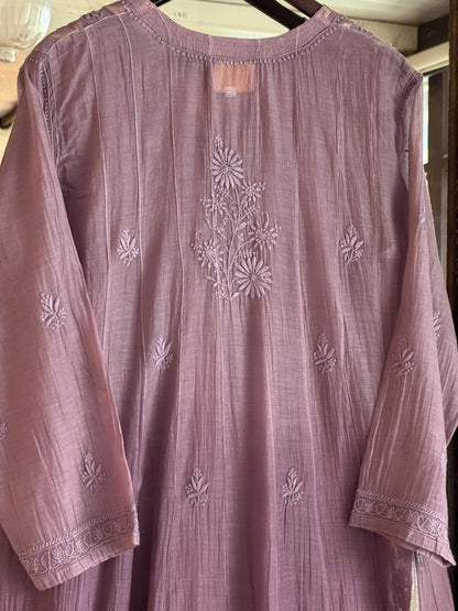 Purple Lavender Zari Chanderi Chikankari A Line Kurta with Slip