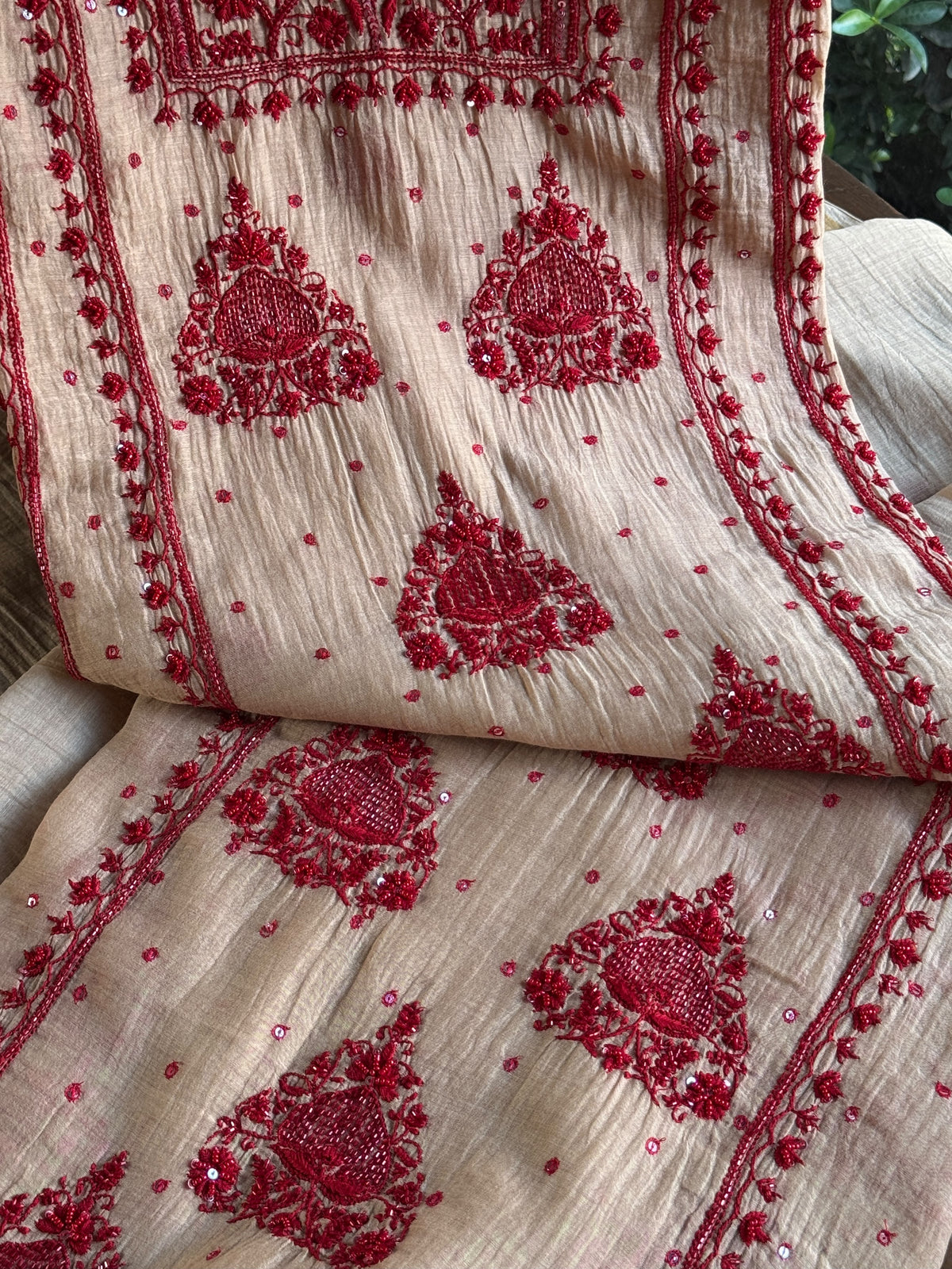 Beige & Red Mal Chanderi Silk Chikankari With Sequins Unstitched Kurta Dupatta Set
