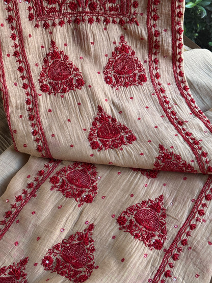 Beige & Red Mal Chanderi Silk Chikankari With Sequins Unstitched Kurta Dupatta Set