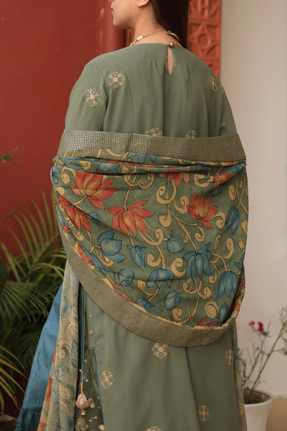 Mehndi Green Chikankari Pure Georgette Kurta Gharara Set with Kalamkari Dupatta