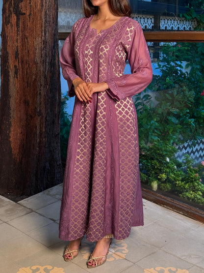 Purple Zari Chanderi Chikankari A Line Kurta with Slip