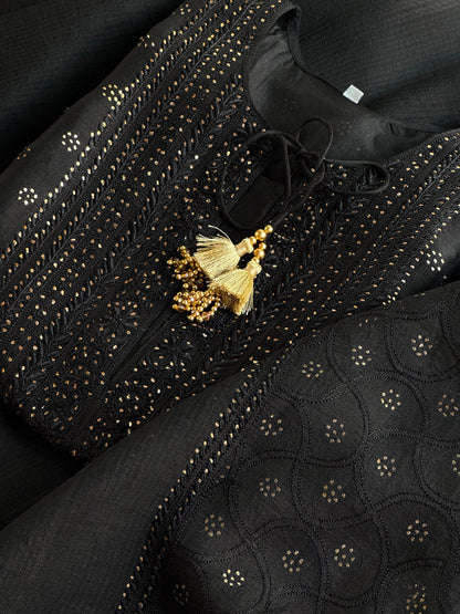 Black Kosha Mukaish Kamdani Noor Organza Chikankari Kurta Set