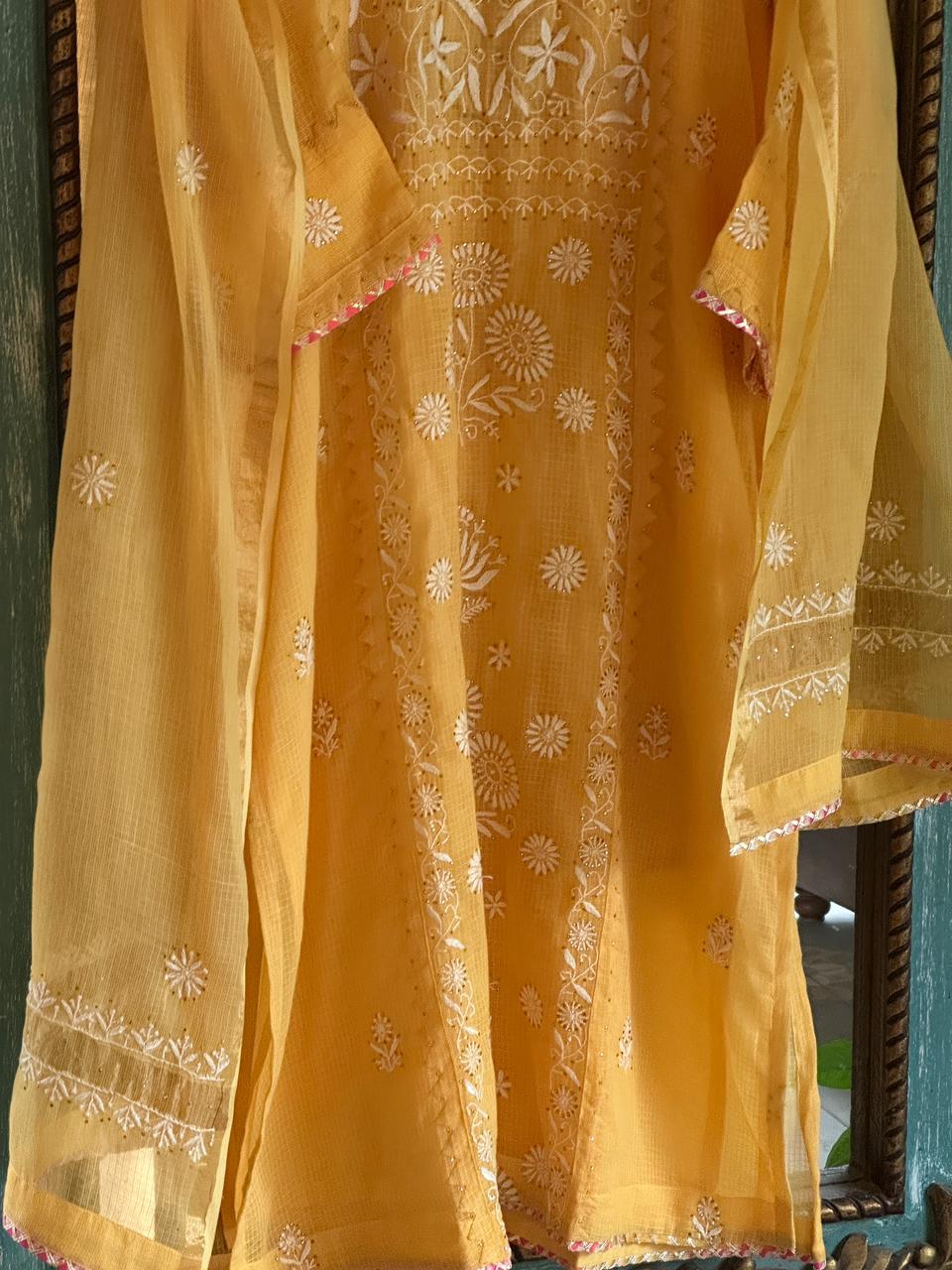 Mustard Yellow Shade Kota Applique Chikankari Kurta Dupatta Set