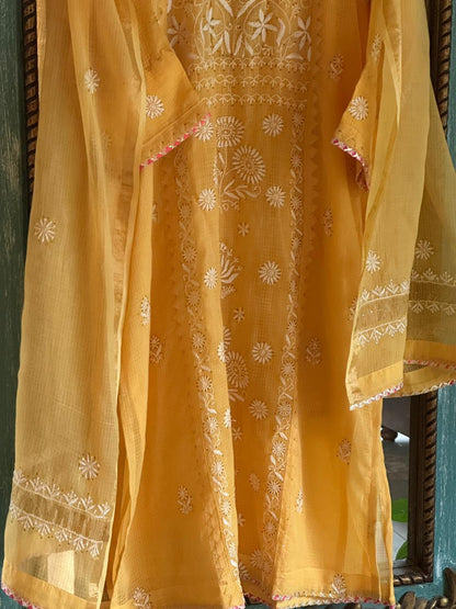 Mustard Yellow Shade Kota Applique Chikankari Kurta Dupatta Set