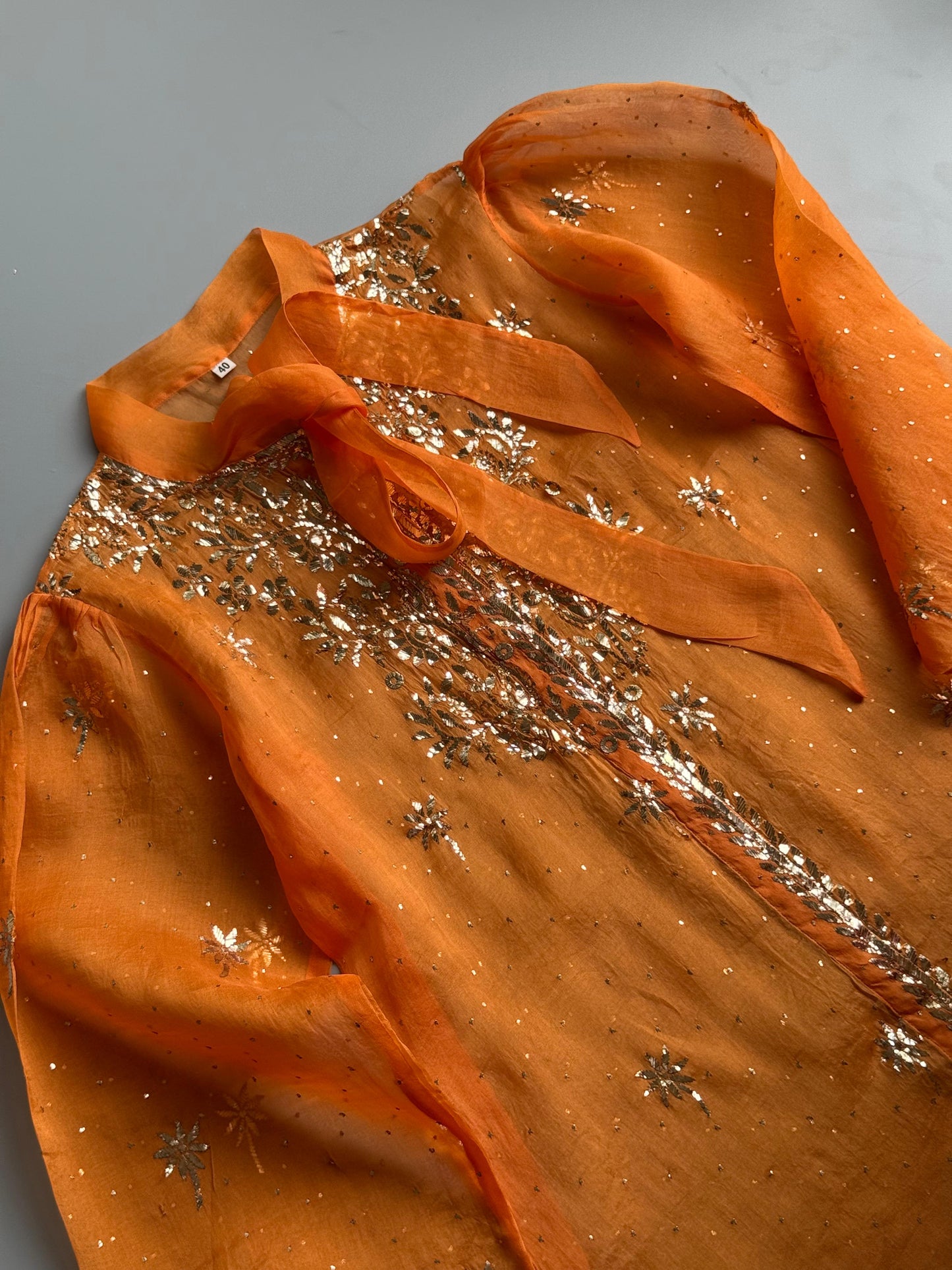 Orange Noor Organza Mukaish Badla Short Top With Bow Tie
