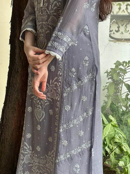 Grey Shade Malmal Mukaish Kamdani Chikankari Kurta Set