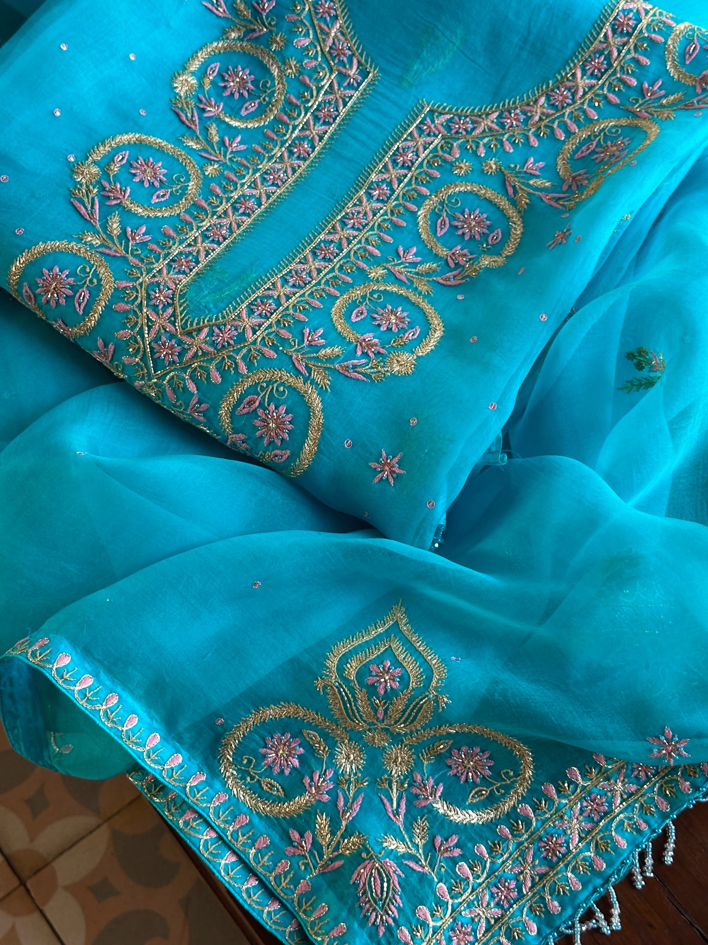 Peacock Blue Organza Banarasi Silk Chikankari Unstitched Kurta Dupatta Set