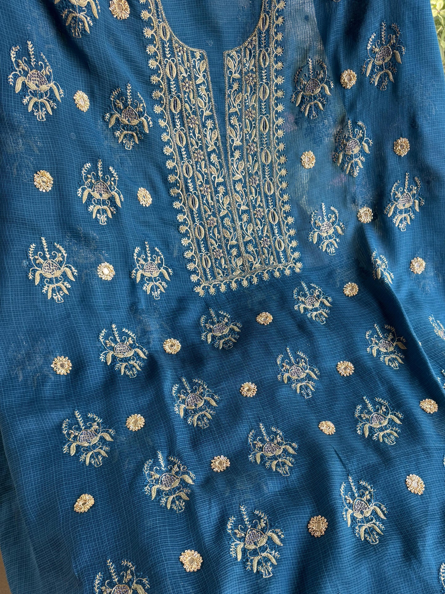 Blue Handloom Kota Chikankari With Mirror Work Unstitched Kurta Dupatta Set