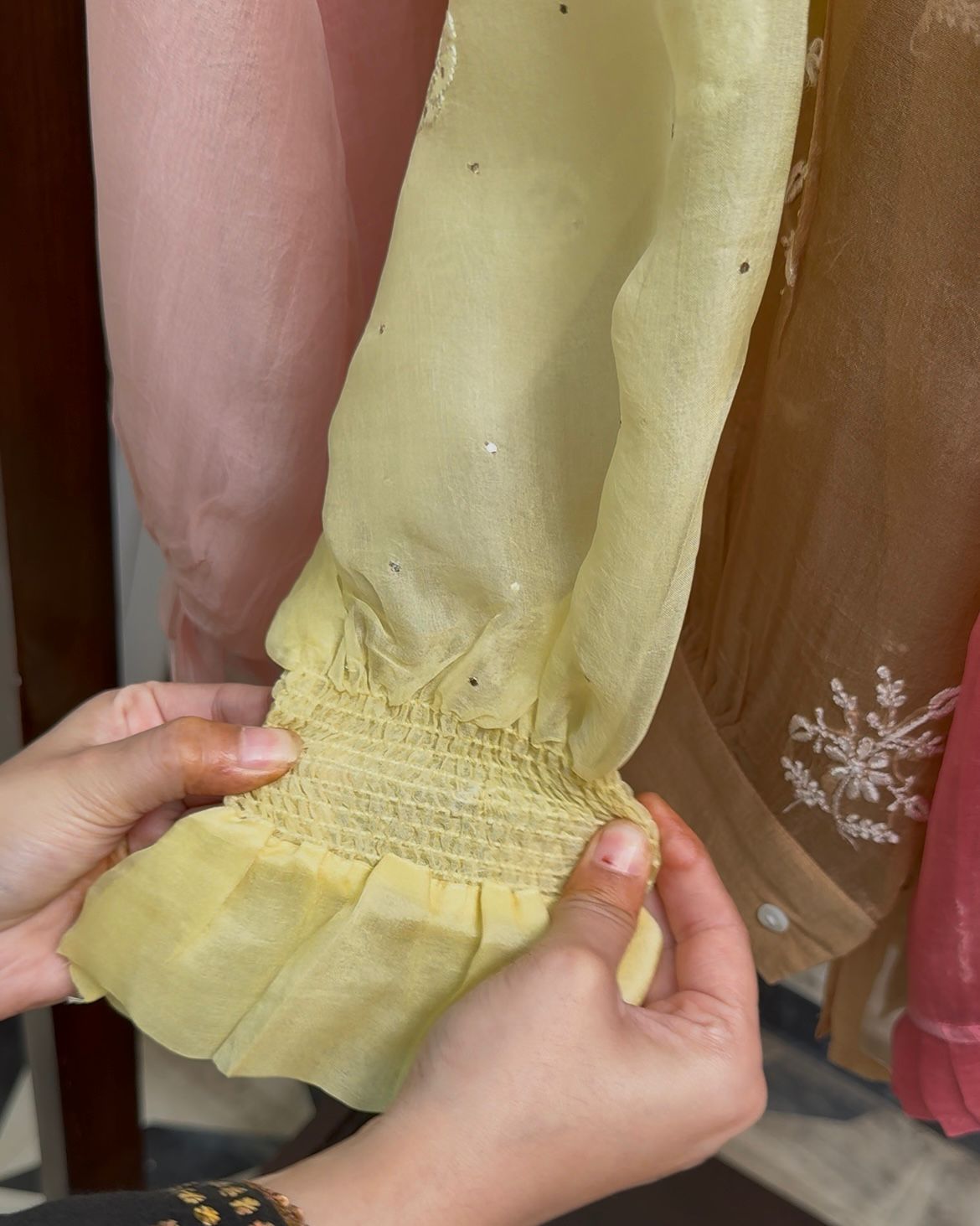 Lemon Noor Organza Resham Chikankari Short Top With Bow Tie