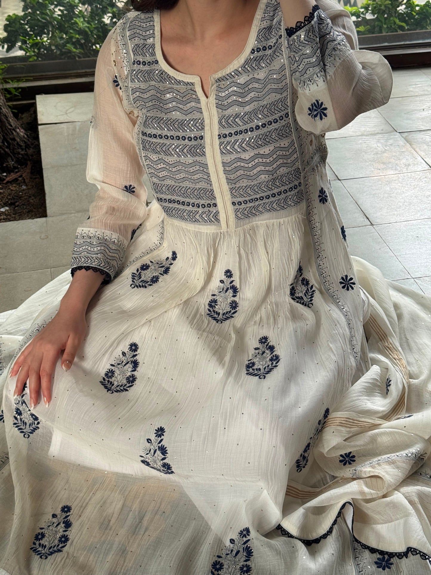 White Melon | Malmal Mukaish Kamdani Chikankari Stitched Kurta Dupatta Set