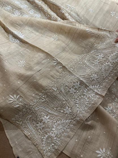Semi Stitched Natural Shade Tussar Silk Chikankari Kurta Dupatta Sets