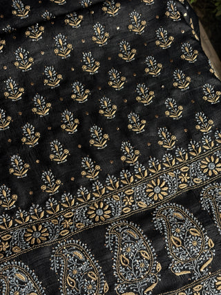 Black Shade Roheen Tussar Silk Chikankari Fabric