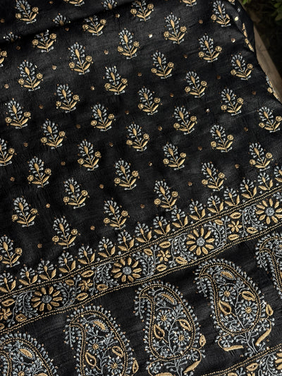 Black Shade Roheen Tussar Silk Chikankari Fabric