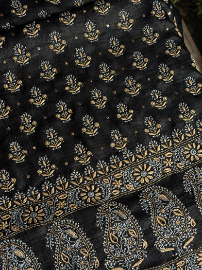 Black Shade Roheen Tussar Silk Chikankari Fabric