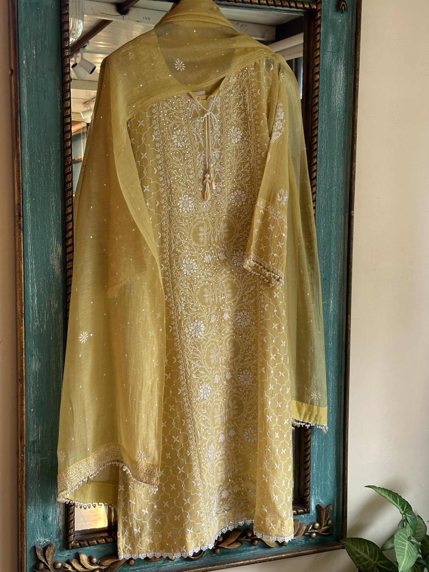 Yellow Shade Malmal Pearl White Chikankari Ready to Wear Kurta Set