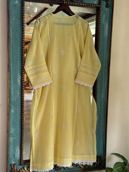 Yellow Shade Malmal Straight Cut Applique Chikankari Pearl & Sequins Kurta Set