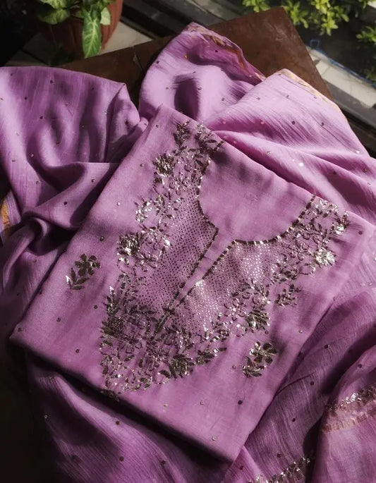 Mauve Shade Chanderi Silk Mukaish Badla Unstitched Fabrics