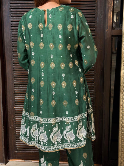 Green Zari Chanderi Chikankari Co-Ord Set