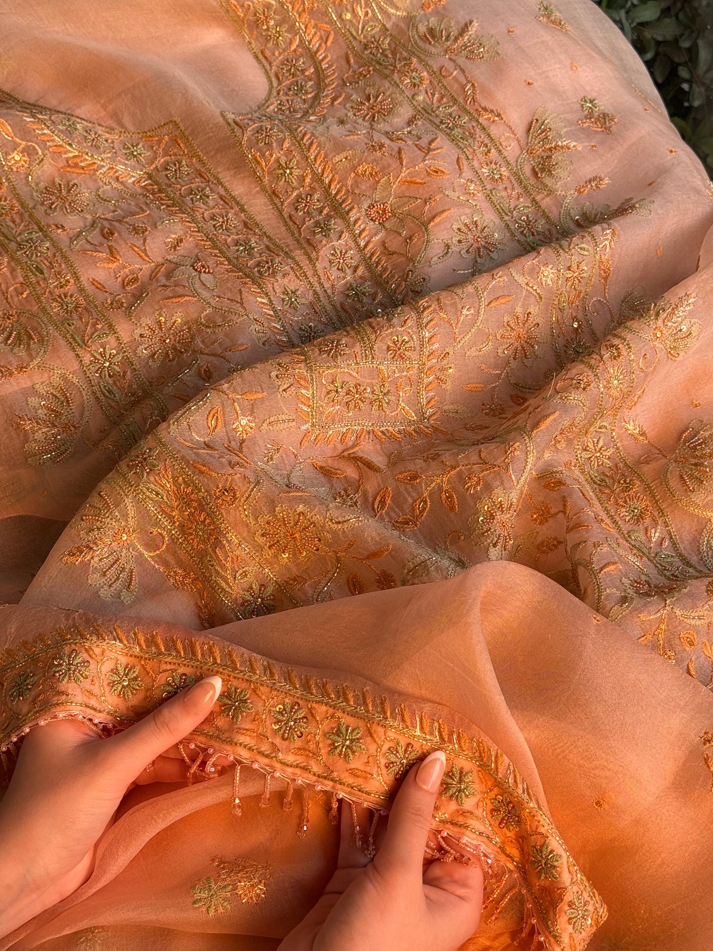 Floral Soft Peach Shade Noor Organza Chikankari Unstitched Fabric