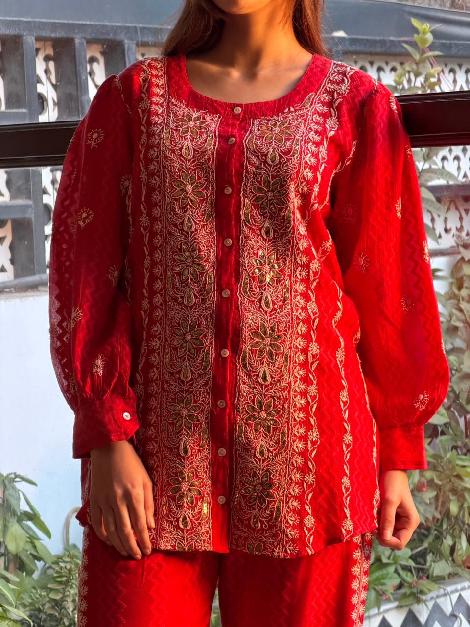 Crimson Red | Jacquard Sequins Chikankari Co-Ord Set
