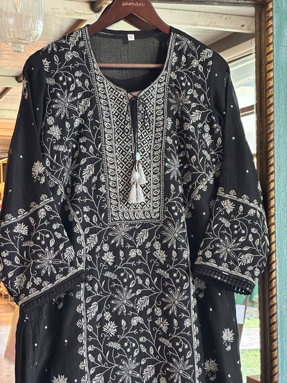 Black Mul Chanderi Chikankari Kurta Set with Pearl & Sequin Work