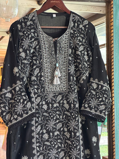 Black Mul Chanderi Chikankari Kurta Set with Pearl & Sequin Work