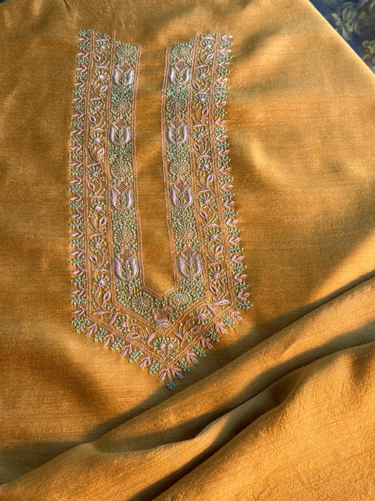 Mustard Yellow Moonga Silk Chikankari Men’s Kurta Fabrics